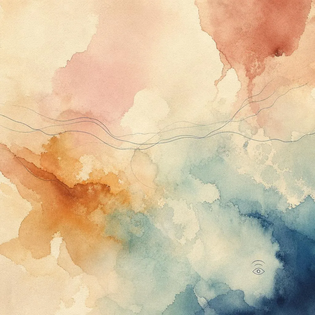 An abstract watercolor field in blush, clay, ochre, aqua, and indigo pigments on parchment